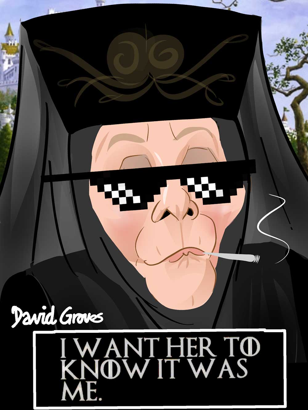 Caricature of Olenna Tyrell acted by Diana Rigg